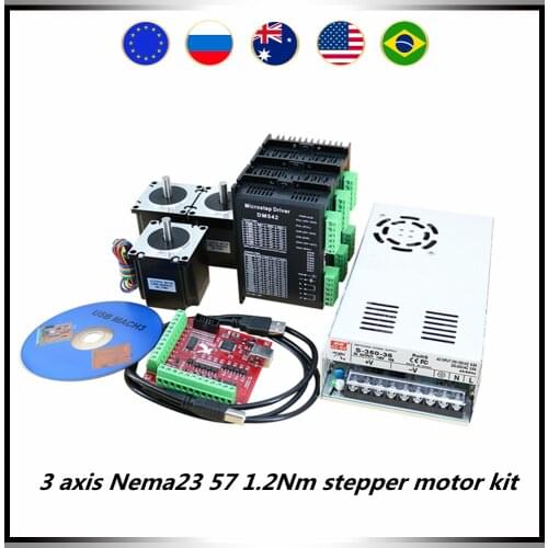 3 axis CNC Nema23 57 stepper motor kit include 3 pcs 1.2Nm 185oz motor +3 pcs drivers + 1 pcs 350w36v power supply + MACH3 card