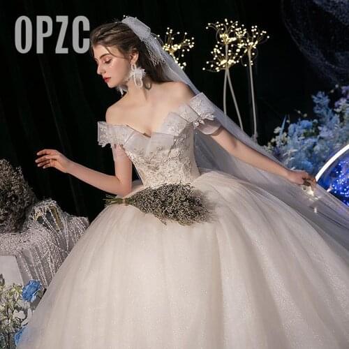 Champagne Ball-Gown Sweet Off Shoulder Wedding Dress New Star Sky Princess Sexy Beading Sequined Bride Vestidos Noiva plus Size