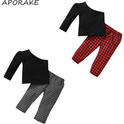 2021 0-3Y Fashion Kids Baby Girl Clothing Solid Color Single Sleeve Tops Blouse+Plaid Long Pants Spring Autumn 2pcs Outfits Set
