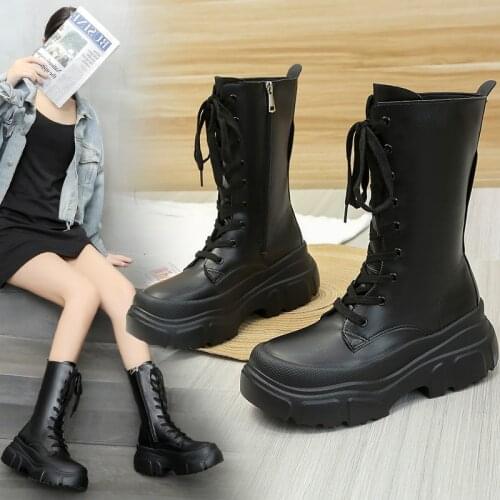 2021 New Mid-tube Boots Womens Autumn and Winter Fashion Lace-up Zipper Boots Outdoor Sports Platform Heel Womens Shoes