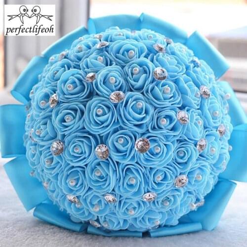 Perfectlifeoh White Ivory Blue Red Rose Wedding Bouquet Crystal Bride Bridesmaid Hand Wedding Flowers Bridal Bouquets