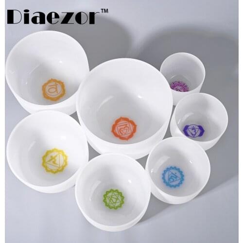 Diaezor 10 Inch Chakra Design Pattern Quartz Crystal Singing Bowl Frosted for Meditation Sound Healing CDEFGAB Note