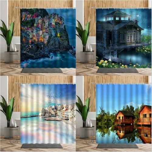 Europe Sea Scenery Shower Curtain Seaside Town House Night View Home Bathroom Decor Product Living Room Wall Cloth Bath Curtains