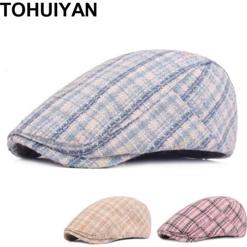 2021 New Fashion Womens Newsboy Caps Plaid Cotton Ivy Hat For Female Spring Summer Casual Flat Cap Men Casquette Golf Hats