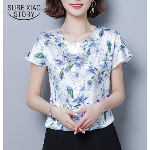2021 Korean Loose O Neck Pullover Blouse Women Summer Short Sleeve Print Womens Blouse Casual Plus Size 4XL Silk Tops 9373 50