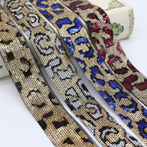 15yds Latest Leopard Sequined Lace Ribbon Shiny Trims Fabric DIY Sewing Clothing Home Textile Shoes Hat Decoration Accessories