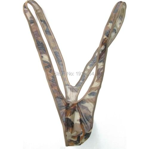 Popular borat mankini swimsuit mens thong deep V-neck g5980 C-thru Mesh Camo print