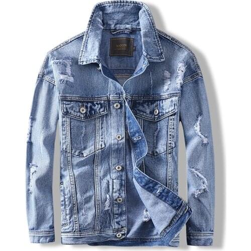 Men Jacket Blue Color Destroyed Ripped Denim Jacket Hombre Camouflage Spliced Embroidery Hip Hop Jacket Fashion Streetwear