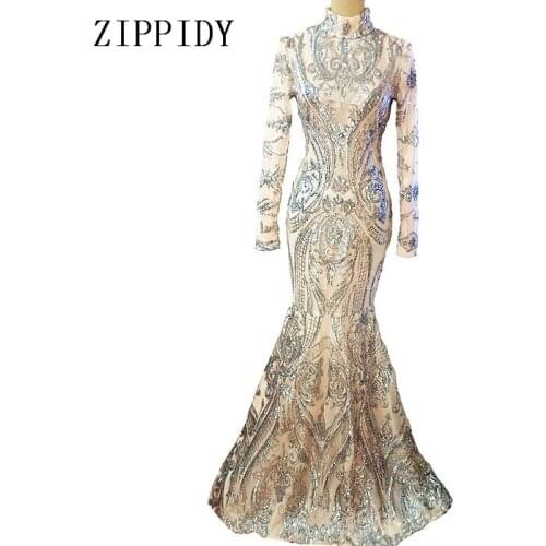 Fashion Bright Sequins Stones Mesh See Through Long Dress Womens Celebrate Singer Show Outfit Fashion Costume Nightclub Dress