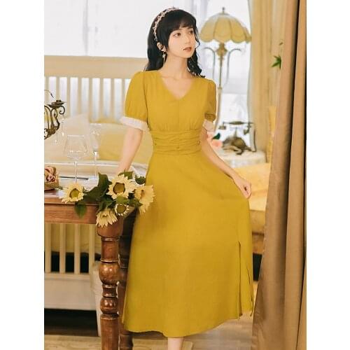Summer New Ins Korean Version Of Japanese Womens v-Neck Retro Slim Temperament Dress Travel Retro Girl Slim Long Dress