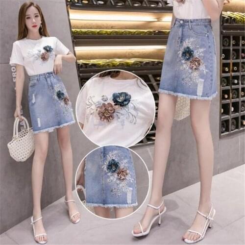 Single/Set 2021Cowboy Set Women Three-Dimensional Embroidered Tassel Hole Skirt + T-shirt Denim Skirt Two-Piece Suit Lady 2PCS