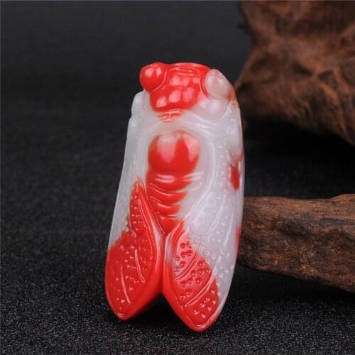 Natural Chinese Color Hand-carved Cicada Jade Pendant Fashion Boutique Jewelry for Men and Women Red and White Ring Gift