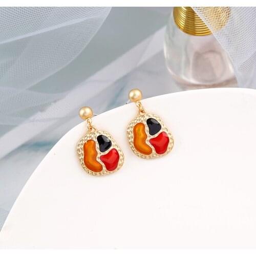Popular European Earring Orange Enamel Contrast Splicing Geometric Pendant Drop Earrings For Women Fashion Jewelry Wholesale