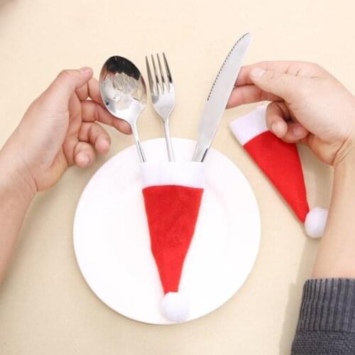 Christmas Cutlery Holder Non-woven Red Hat Wine Bottle Cover Fork Knife Tableware Pocket Christmas Decoration LX8623