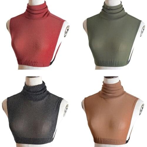 Women Turtleneck Translucent Mesh Shiny False Fake Collar Solid Color Stretchy Detachable Pullover Half Top Bottoming Shirt Dec