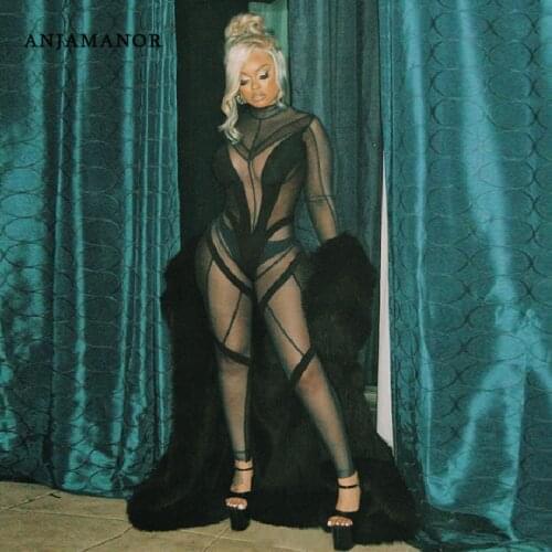 ANJAMANOR Sexy Mesh Patchwork See Through Jumpsuits Club Outfits for Women Black Long Sleeve One Piece Outfit Fall 2021 D87-EF23