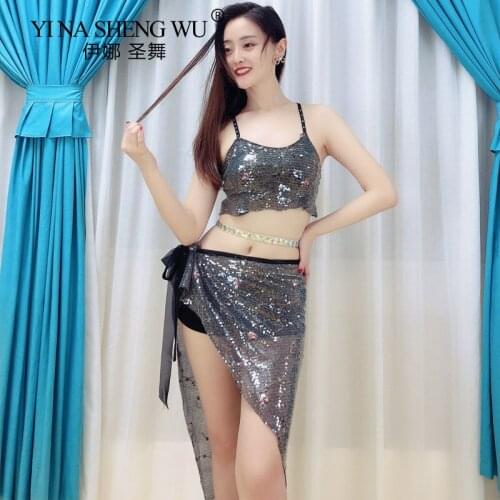 Fashion New Style Belly Dance Set Clothes Sexy Sequin Skirt Top Belly Dance Practice Clothes Adult Female Performance Clothing