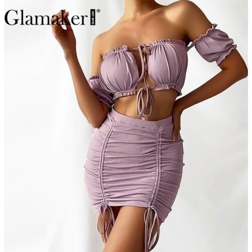 Glamaker Sexy party club 2 piece suit Off shoulder ruffles crop top and pleated skirts Women streetwear lace up summer new sets