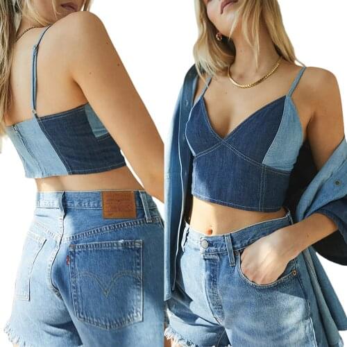2021 New Women Sexy Crop Cami Tops, Deep V Neck Spaghetti Strap Sleeveless Color Block Denim Camisole