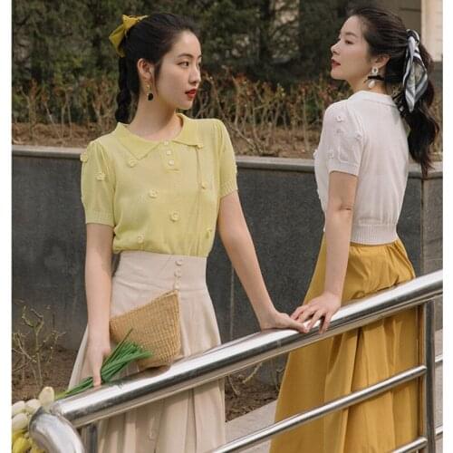 French Vintage Skirt Women 2021 Summer Pure Color Temperament Square Collar Flower Sweet Knit Top and Fashion Chic Skirt Set
