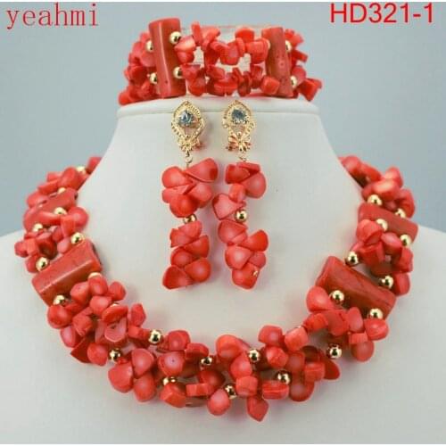 Red Coral Jewelry Sets for Women Fantastic Red and Gold Nigerian Wedding Gift Coral Bead Necklace Jewelry Set for Brides HD321-1