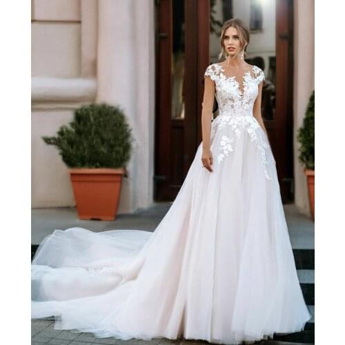 Elegant Long Shear Lace Wedding Dresses Cap Sleeve Illusion Back A-Line Tulle Robes De Mariée Bridal Gown For Women