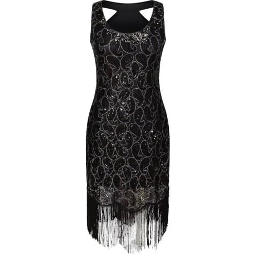 Womens 1920s Sequin Paisley Pattern Sleeveless Flapper Black Gold Dress Sexy Fringe Great Gatsby Party Dresses Plus Size Tassel