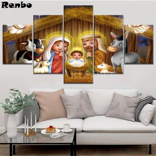 5 pcs Full Drill Diamond Painting Cross Stitch Christmas Cartoon Jesus Nativity 5D Square Mosaic Diamond Embroidery Rhinestones