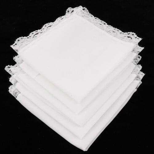 5 Pack Ladies Embroidery Cotton Handkerchiefs Lace Border White Hanky