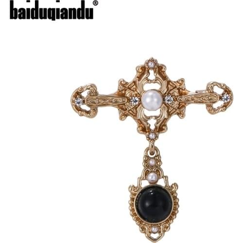 Baiduqiandu New Arrival Vintage Style Simulated Pearl Cross Brooch Pins Dress Apparel Jewelry Accessories