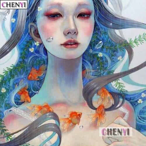 CHENYI Diamond Embroidery European Beauty and Goldfish 5D DIY Diamond Painting Full Square Round Drills Mosaic Wall Art Gifts