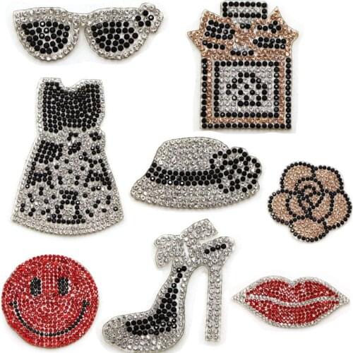 Flower Dress Hat Lips Hot fix Rhinestone Iron on Crystal Patch Badage Women Clothes Bride Wedding Dress Accessories Applique