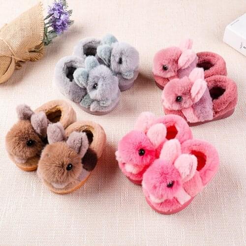 ChildrenS Cotton Shoes Kids Home Slippers Boys And Girls Baby Cute Rabbit Ears Plush Ball Thickening Warm Indoor Shoes Fashion