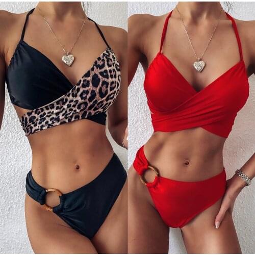 Patchwork Print Leopard Swimsuit Push Up Hlater Bikinis Sets Mesh Bottom Black&Red Sexy Two Piece Set low Waist Tankini Womens