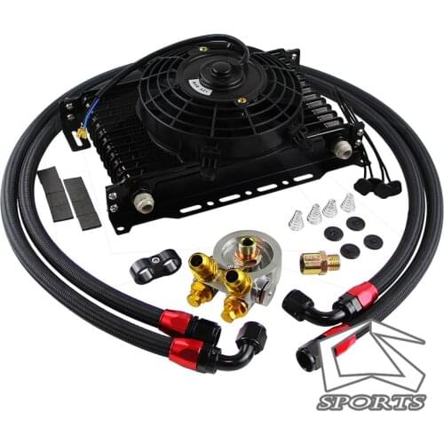 13 Row Oil Cooler Kit w/Thermostat Oil Filter Adapter Kit+7" Electric Fan Kit