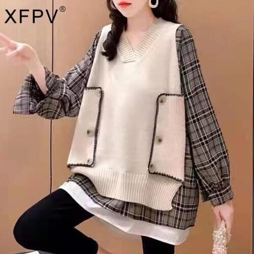 XFPV Korea Chic Spliced Plaid Shirt Knitted Pullovers Womens Autumn 2021 New V-neck Loose Long Sleeve Sweater Female 16E2807