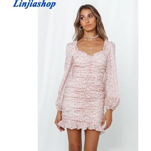 Cute Floral Print Women Summer Dress Fashion Center Ruched Long Sleeve Mini Dress Casual Ruffles Vestidos