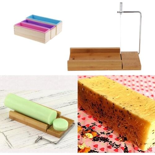 Wooden Soap /Candle /loaf Set, 3Pcs Rectangle Silicone Mould (900/1200ml) with Wood Box + 1Pcs Soap Cutter with Wire Slicer