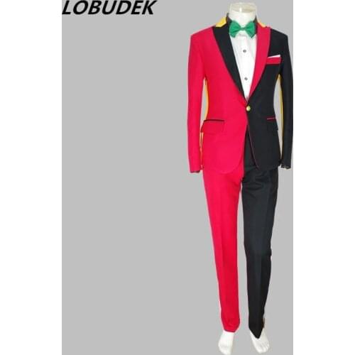 Irregular Red Black Men Suits Magician Clown Performance Stage Outfits Nightclub Male Singer Host Blazers Pants Hip-Hop Costumes