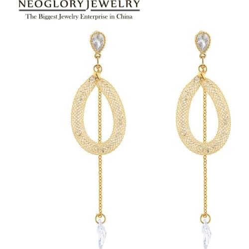Neoglory Anti Allergy Golden Zircon Long Tassel Drop Earring For Women Charm Metal Mesh With Crystals Earring Gift For Friend