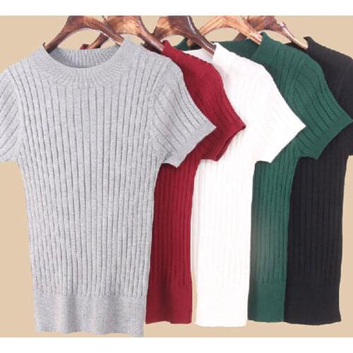 Slim Knitted Sweaters For Women Summer Tops And Pullovers Short Sleeve Bodycon Clothing O-Neck Ladies Green Sweaters