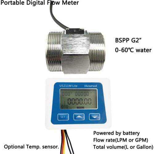 US211M Lite Portable Digital Flowmeter and Turbine Water Flow Sense BSPP G2" SUS304 USS-HS20TA 10-200LPM Cold Sensor iSentrol