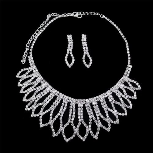 Luxury Rhinestone Wedding Bridal Jewelry Sets Silver Color Leaf Crystal Wedding Jewelry Necklace Earrings Sets for Women Gift