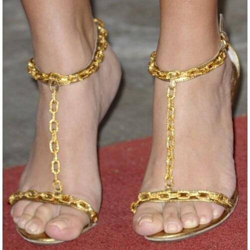 Large Size 11 Gold Metallic Leather Women Sandals Gold Chains Cut Outs T-strap Buckled Dress shoes woman Concise Metal Thin Heel