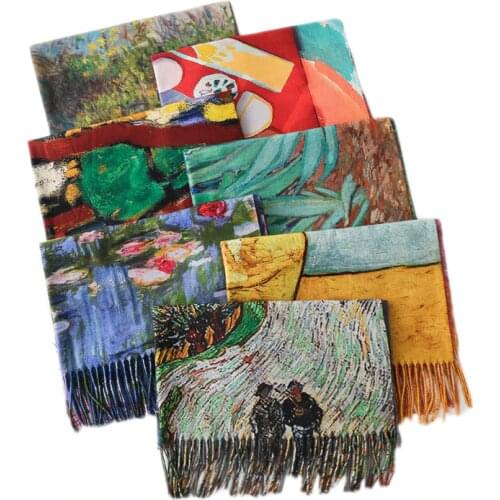 Vintage Fashion Oil Painting Scarf Women Winter Warm Van Gogh Painting Tassel Scarves Designer Luxury Long Print Wraps Shawl