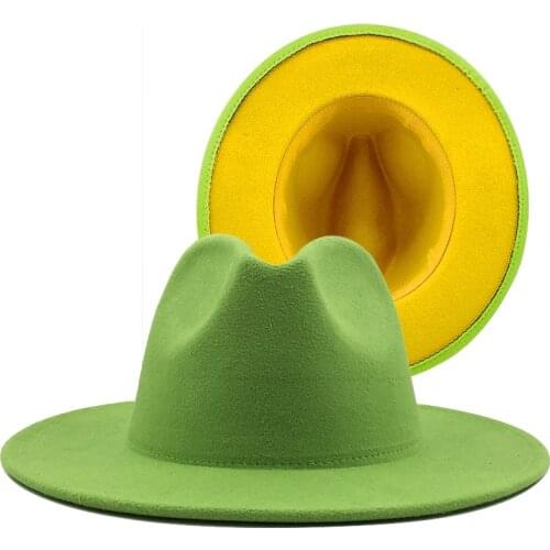 Men Women Wide Brim Wool Felt Jazz Fedora Hats British style Trilby Party Formal Panama Cap Green yellow Dress Hat 56-58-60CM