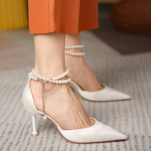 2021 Silk Ankle Pearl Strap Strappy Design Fashion High Heels Women Pumps Stiletto Sexy Dress Wedding Bridal Shoes Big Size 9 10