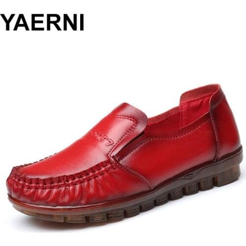 YAERNI spring autumn handmade genuine cow leather women shoes Slip-on for woman pleated soft elegant woman leisure flat shoes