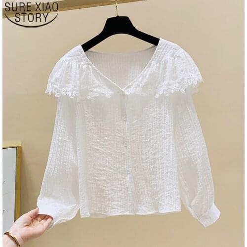 White Long Sleeve Tops Sweet Lace Blouse Women V-neck Simple Autumn New Korean Loose All-match Cardigan Chemisier Femme 11235