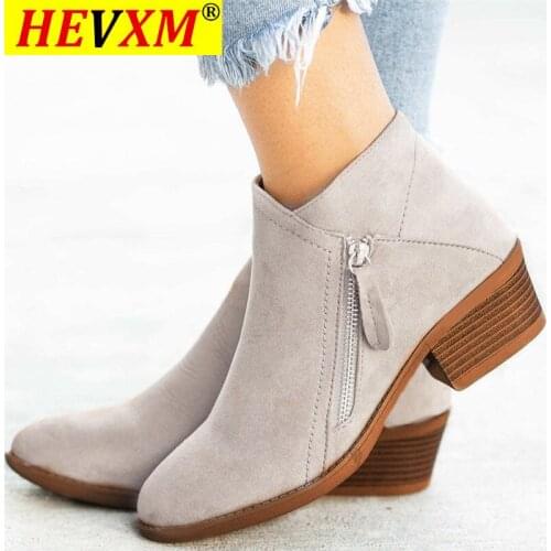 Women Boots Autumn PU Leather Chunky Heels Ankle Boots Fashion Pointed Toe Short Boot Zipper Casual Winter Boots Plus Size 2021